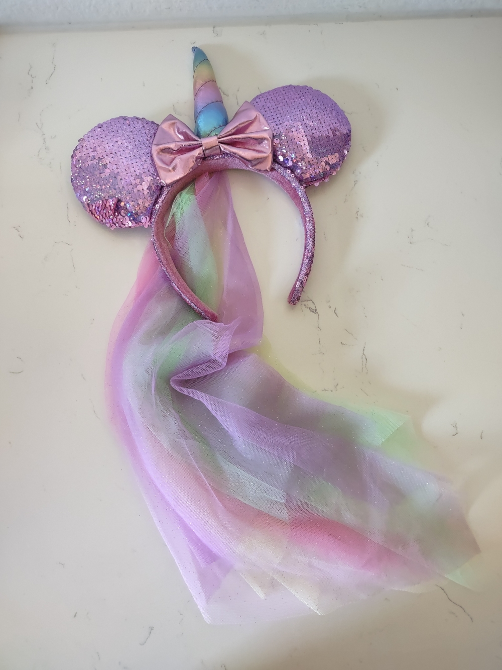Disney Parks Unicorn Veil Minnie Mouse Ears Headband Sequins Rainbow